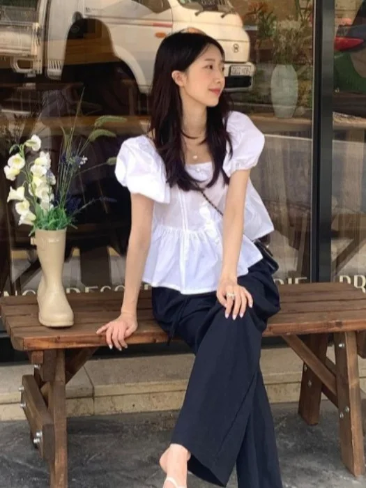 

Faionable ort Sve Bubble Sve irt Women's Small Size Chic White irt One oulder Korean Sle Commute Loose Fit