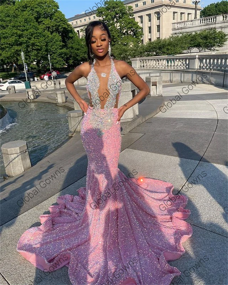 Pink Halter Evening Dress Bead Crystal Birthday Party Gowns Sparkly Sequin  Long Prom Dresses Mermaid Robe De Bal Customized - AliExpress 320