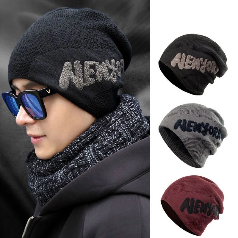 Unisex Warm Winter Hat Fashion NEW YORK Letter Knitted Hat Men & Women Add Fur Lined Thick Ski Beanie Cap