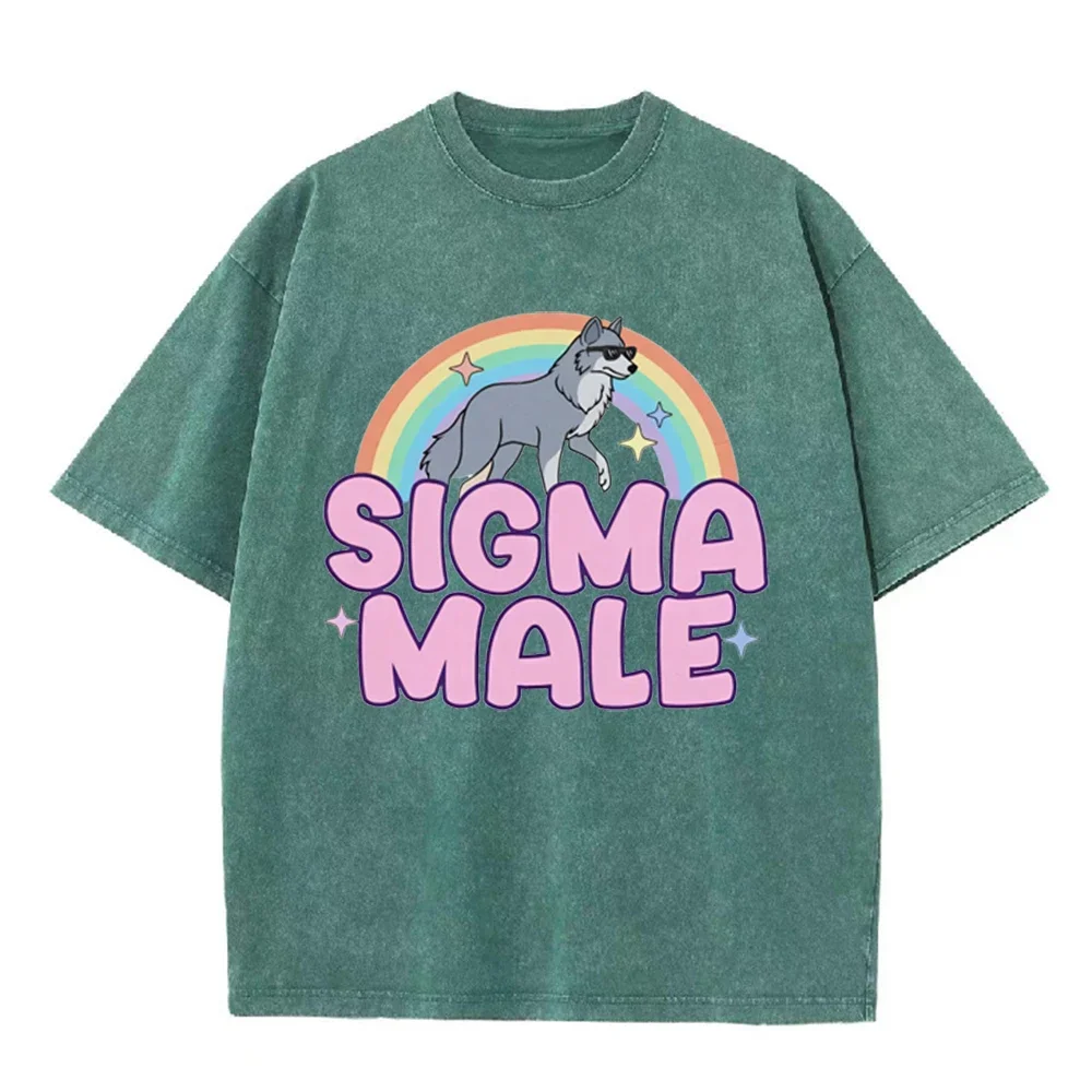 Funny Rainbow Lone Wolf Print Tee Sigma Male Slogan Unisex Loose Fit Short Sleeve Trend Casual Mens Womens Streetwear Cotton Tsh
