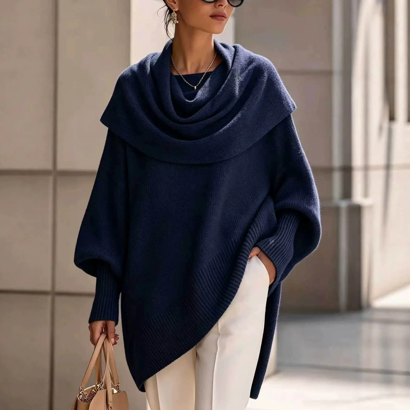 Autumn. And Winter Shawl, Turtleneck,   Cape-style Sweater, Loose-fitting Batwing. Sleeves, Asymmetrical, To Moderate Style, Kni