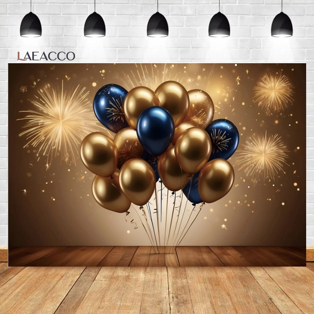 

Laeacco Blue And Gold Balloons Backdrop Glitter Bokeh Fireworks Rustic Wood Board Kids Adults Portrait Photography Background