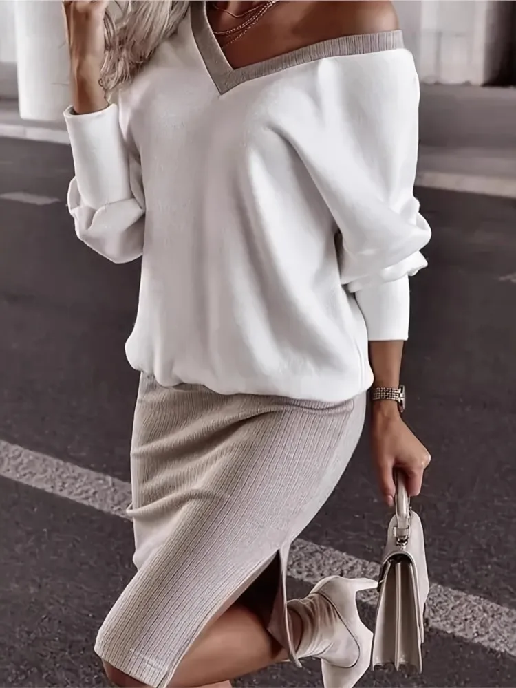 

Fashionable Long-sleeved V-neck Sweatshirt + Skirt 2-piece Set For Women Elegant Autumn Color-blocked Casual Skirt Suit Female