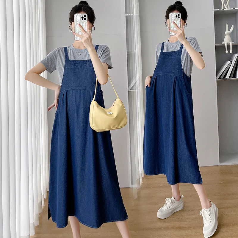 

845# 2022 Summer Casual Denim Maternity Vest Dress Tees Sets Loose Straight Suits Clothes for Pregnant Women OL Pregnancy Wear