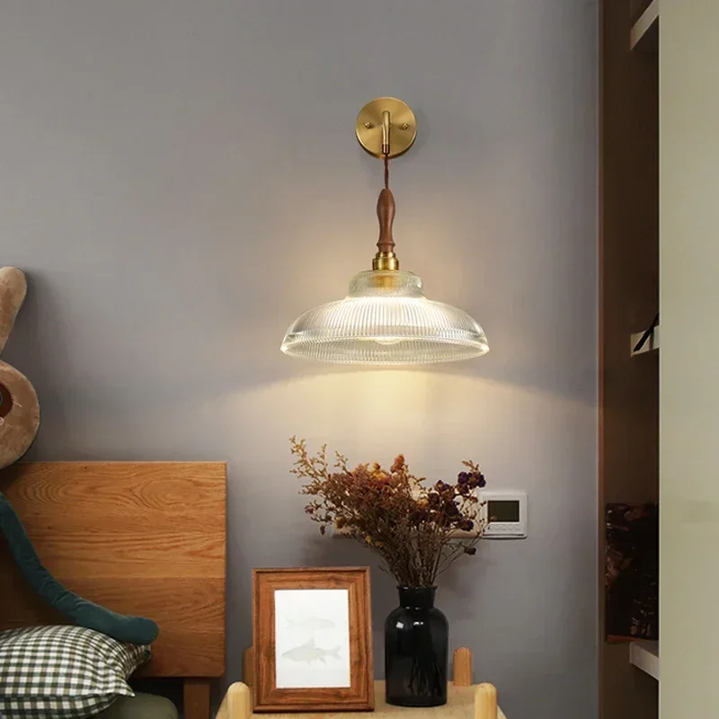 Retro Gold Glass Wall Lamp for Bedroom Bedside Aisle Mirror Light American Style LED Wall Sconces