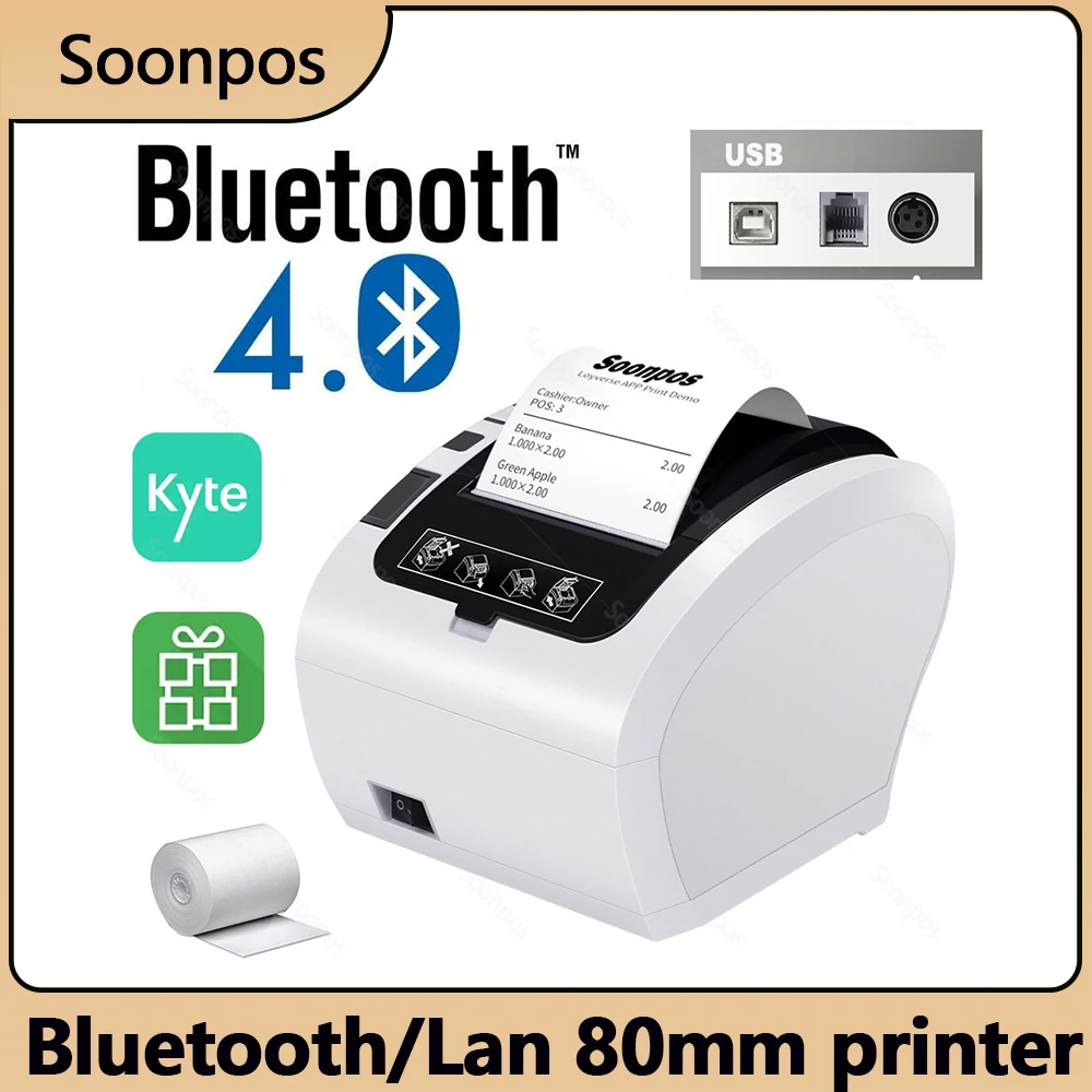 

Soonpos Bluetooth Thermal Receipt POS Printer 58mm 80mm Auto Cutter Support Loyverse Kyte USB LAN Ethernet Kitchen Printing