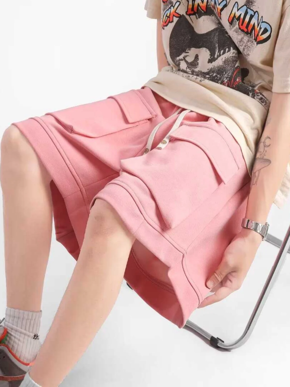 

Japanese Sle Dstring Large ket Workwear orts Men's Streetwear Pink Casual Straight Leg Loose Wide Leg Five-Quarter ...