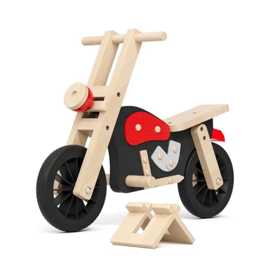 

Wooden balance bike for kids with wood bike stand, natural wood color, eco-friendly solid wood construction, smooth finish and