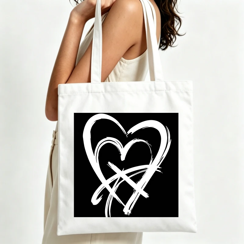 Women's abstract heart print canvas tote bag, artistic design for daily shopping and casual outings