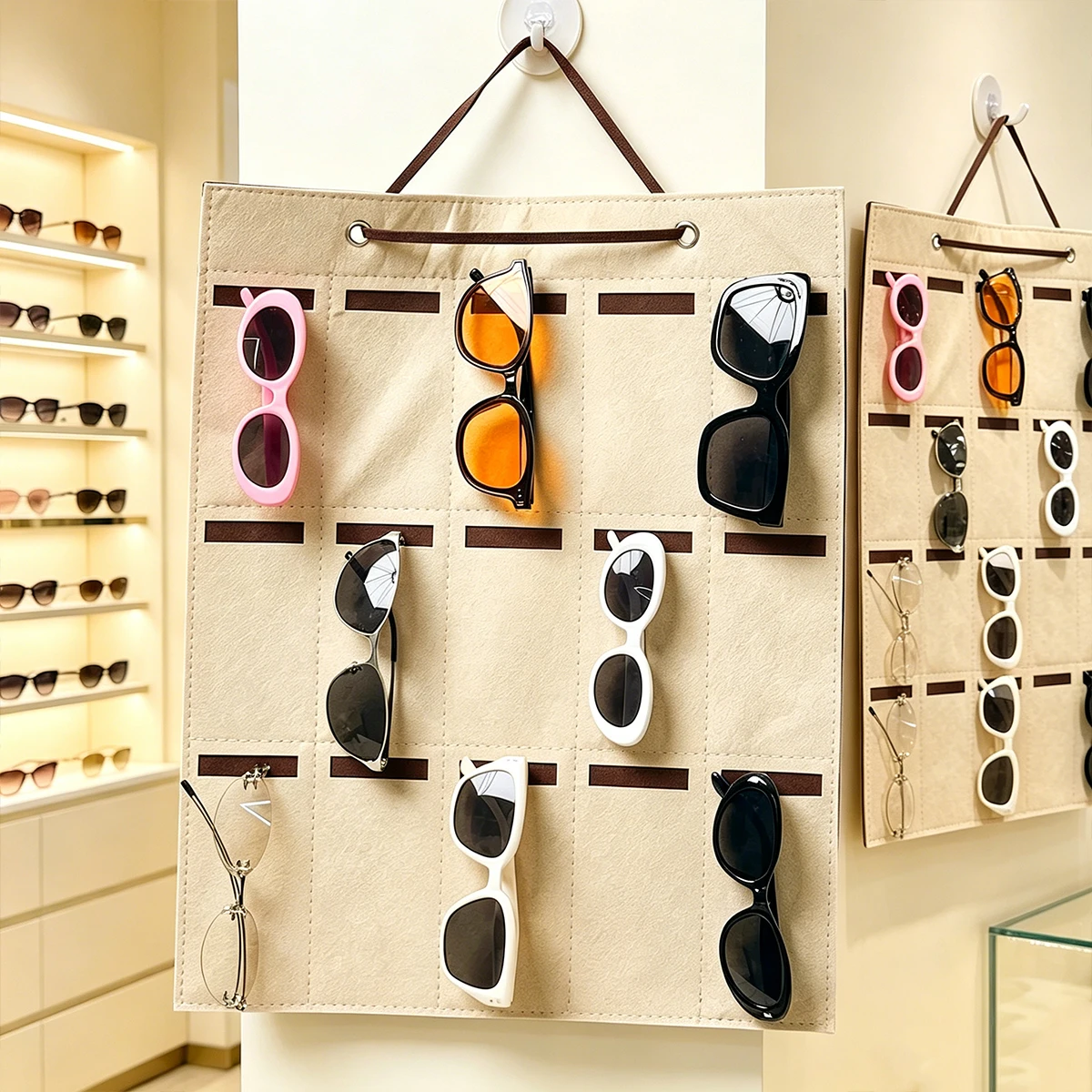 1pc Wall Mounted Khaki 15Grid Sunglasses Vertical Storage Hanging Bag Foldable Portable Glasses Organizing Hanging Display Rack