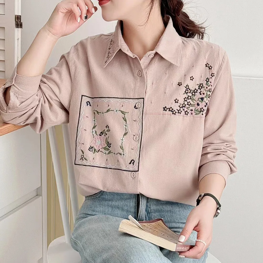 [즉시 배송] 고품질 여성용 100% 면사 블라우스 셔츠 봄 신상 자수 꽃무늬 다용도 긴팔 탑