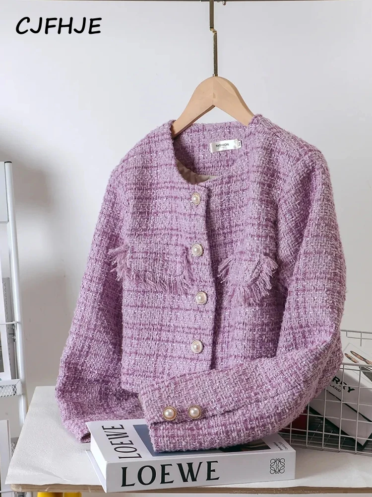 

CJFHJE Tassel Elegant Lady Short Coats Spring Autumn Pearl Buttons Plaid OL Tweed Jackets Single-breasted O-neck Women Outerwear