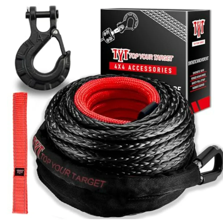 

Synthetic Winch Rope Kit - 1/2" x 92' with 32000 lbs Strength, Protective Sleeve, Heavy Duty Hook and Safety Pull Strap for Off-