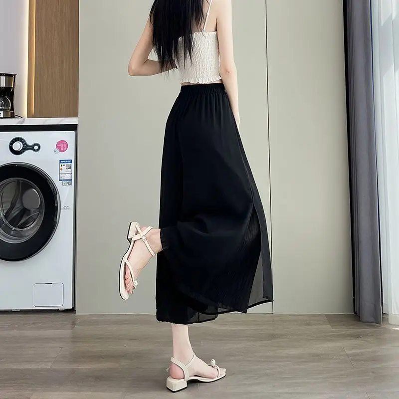 Summer Wide Leg Pleated Cropped Pants High Waist Elastic Fashion Drawstring Female Clothing Basic Patchwork Loose Casual Pants