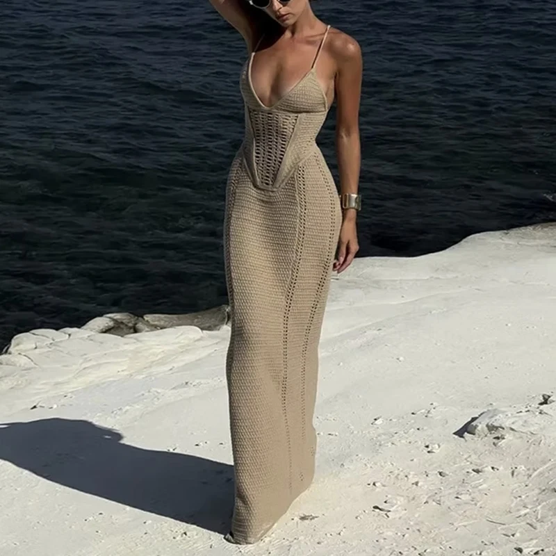 Sexy Style Backless Tie Up Long Dress Summer Pool Party Beach Vacation Slip Dress Fashion Knitting Hollow Out Beachwear Cover Up