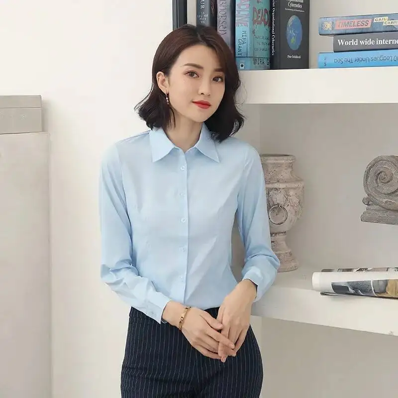 2024 قميص أبيض نسائي بأكمام طويلة ملابس عمل احترافية نحيفة قابلة للتمدد بدون حديد #1