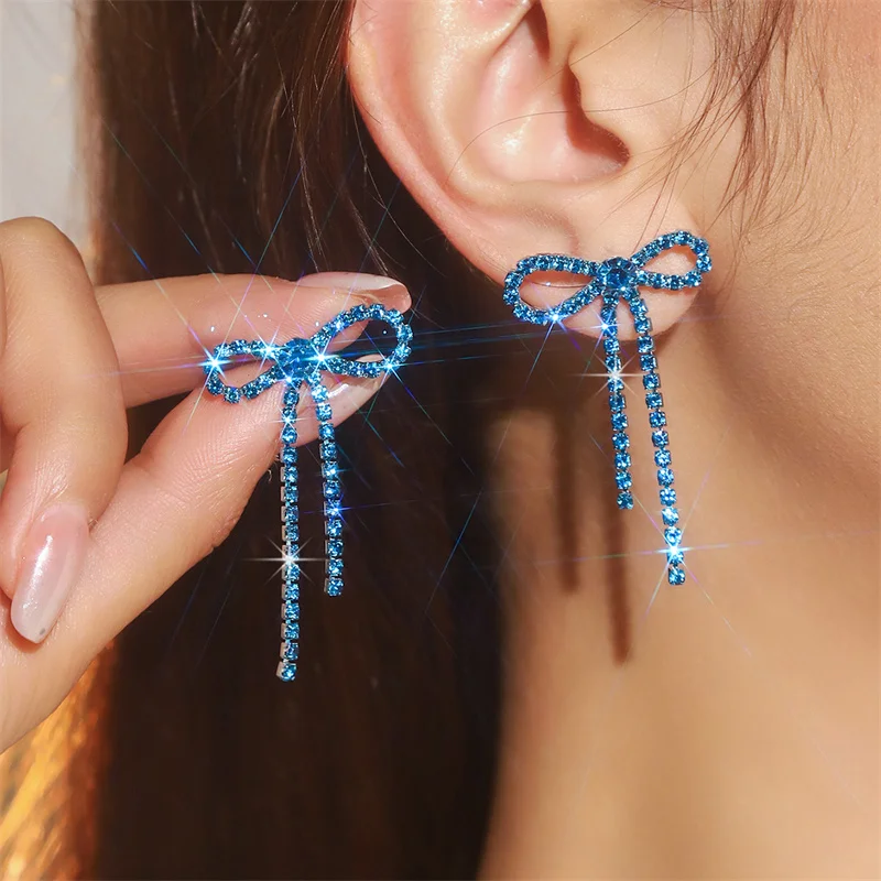Elegante Strass-Schleifen-Quasten-Ohrringe für Frauen, lebendige, zarte, bunte Kristall-Quasten-Ohrringe, Party-Schmuckzubehör – Detail 4