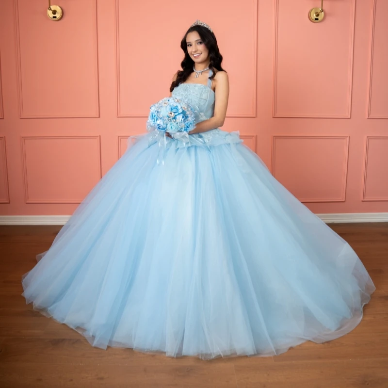 

Sky Blue Shiny Ball Gown Quinceanera Dresses Applique Beading Crystal Tull Corset Off Shoulder Sweet 16 Dress vestidos 15 anos