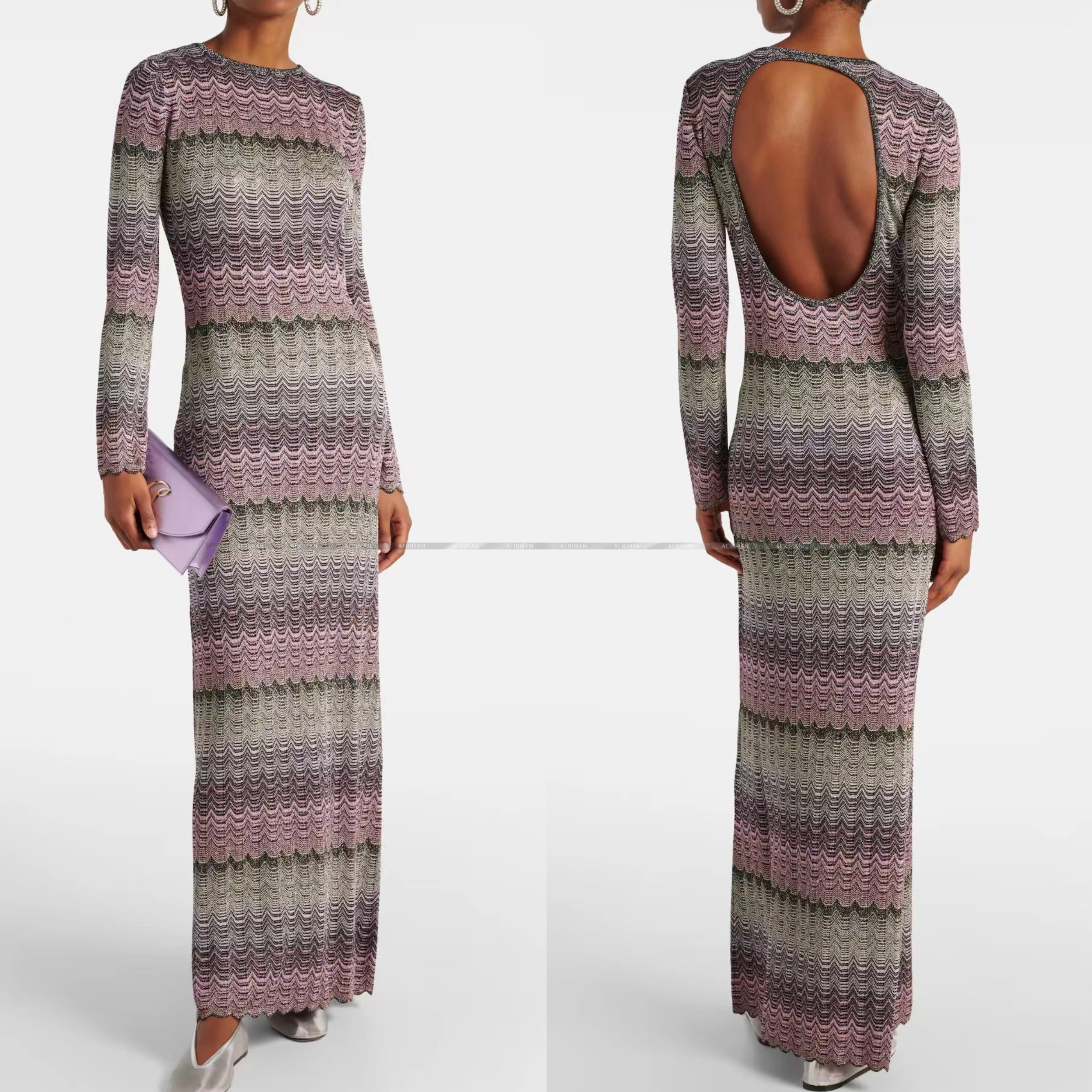 Women Round Neck Wave Striped Sexy Backless Long Knit Dress Step Dress