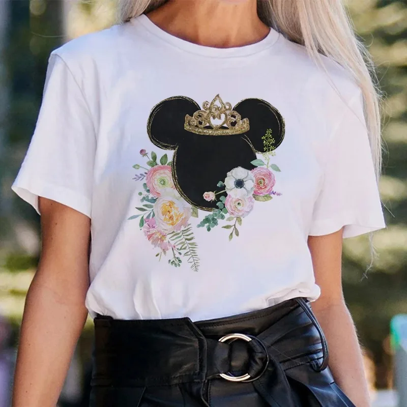 Kawaii Disney Cartoon Ladies Tops Mickey Mouse Princess Anna Fashion Summer Streetwear T-Shirt Women Vintage White T-Shirt