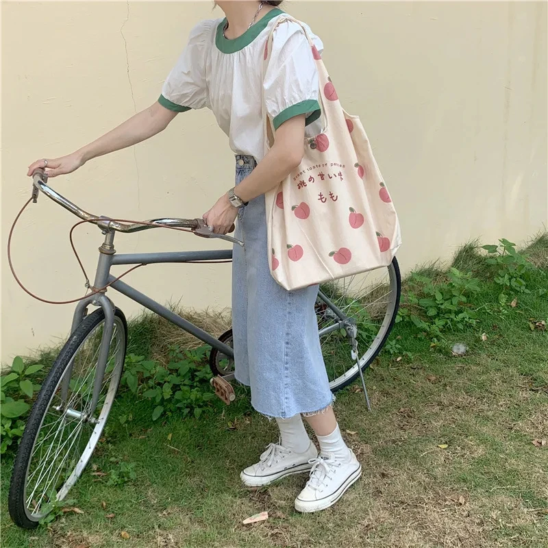 Cute Strawberry Tote Bag Aesthetic for School Girls Purses Shopper Designer Handbag Japanese Women Peach Print Eco Shoulder Bags