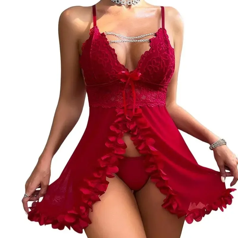 Babydoll Musim Panas Leher V Dalam Celana Dalam Potongan Rendah Piyama Tanpa Punggung Jaring Transparan Merah Lingerie Seksi Porno Gaun Tidur Renda Tembus Pandang