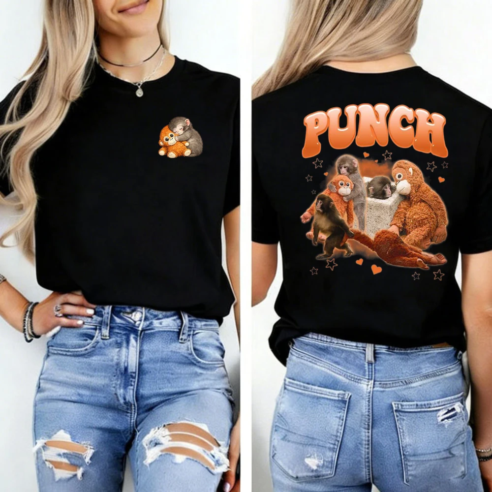 Punch The Emotional Hugging Plush Toy Monkey Tee Lonely Front Collage Graphic T-Shirt Viral Sad Playful Retro Casual Shirt