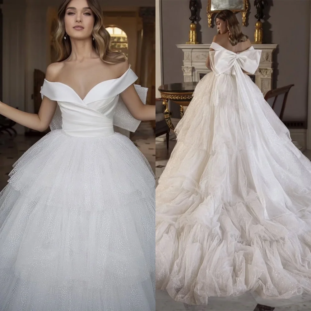 Customized Exquisite White Tulle Evening Dress Classic Strapless Off the Shoulder Sleeveless Zipper Back Bow Homecoming Dress