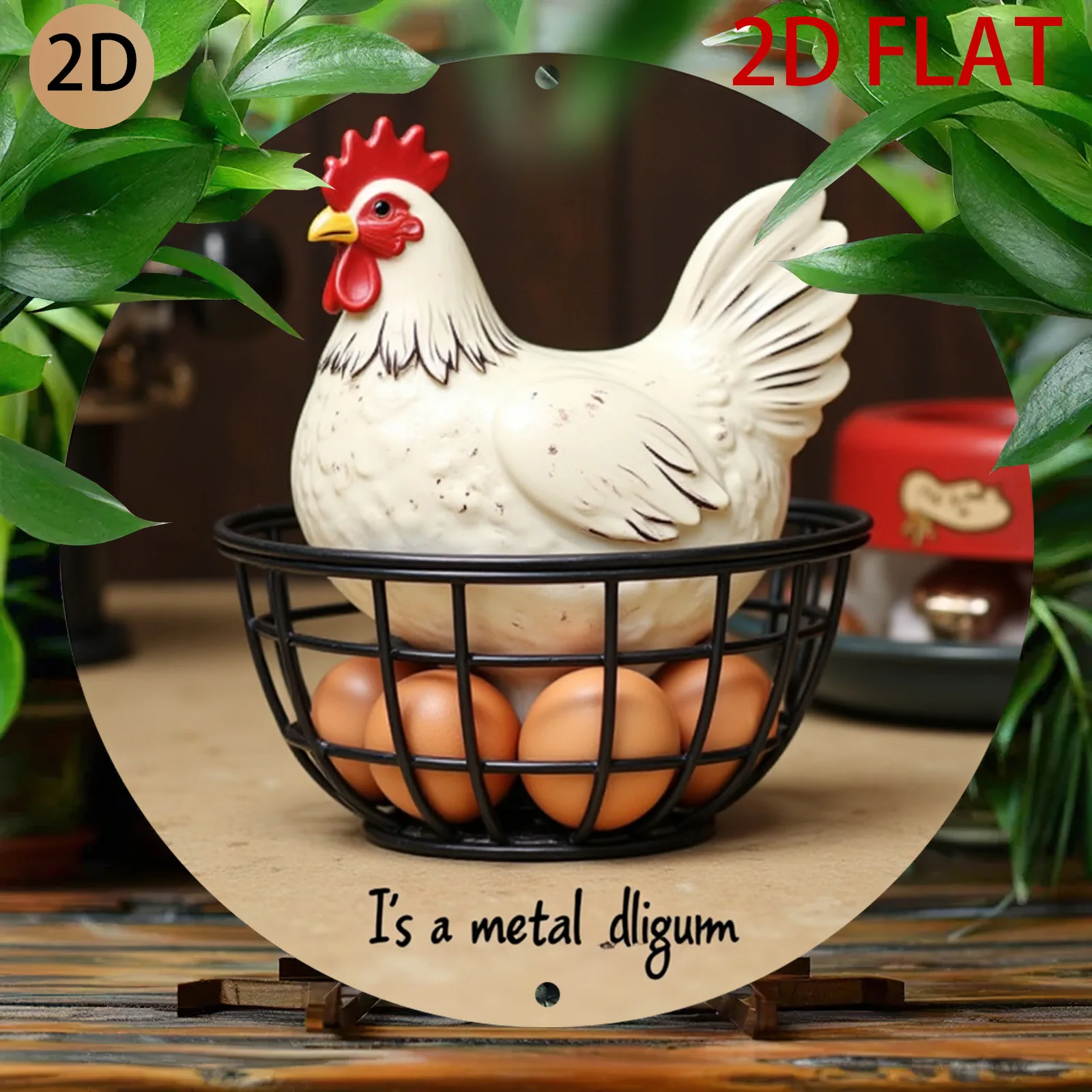 [2D Flat] Ceramic Chicken Figurine with Black Metal Basket | Vintage-Inspired Farmhouse Kitchen Decoration, Suitable for Rustic