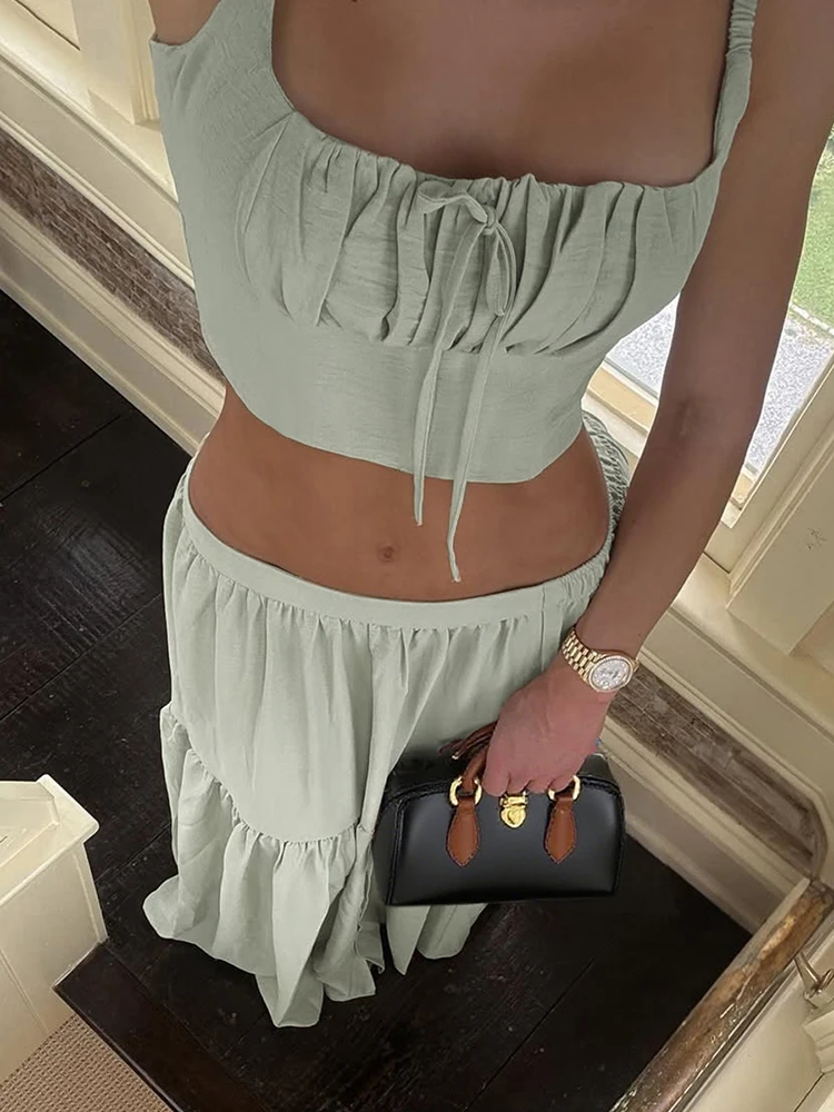 Cutenew Concise Solid Women Skirts Set Hipster Sexy Shirring Low Neck Crop Camisoles+Maxi Bottoms Mujer Matching Holiday 2 Piece