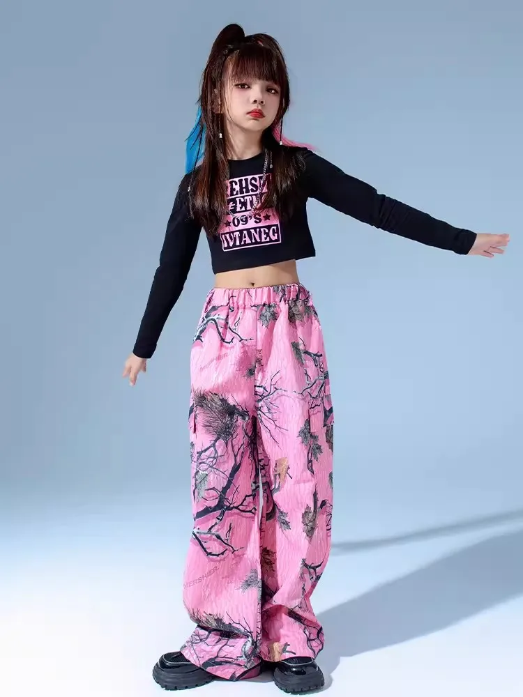 Fato de dança de jazz infantil, roupa de Kpop, tops recortados, calça rosa, roupas hip hop, roupas de palco, BL11817