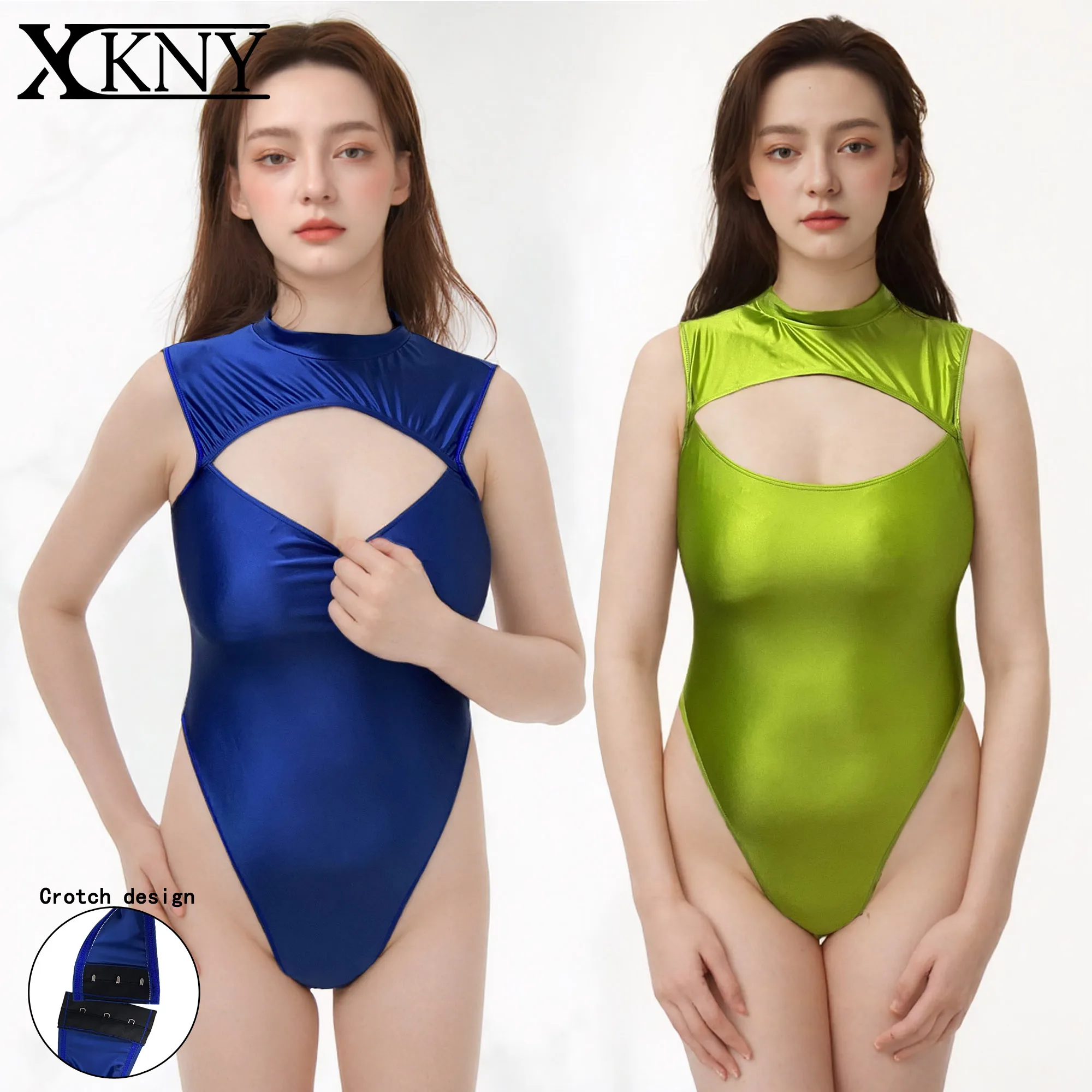 

XCKNY glossiness series swimsuit high elastic jumpsuit front open chest sexy silk Hidden crotch hook satin glossy swimsuit