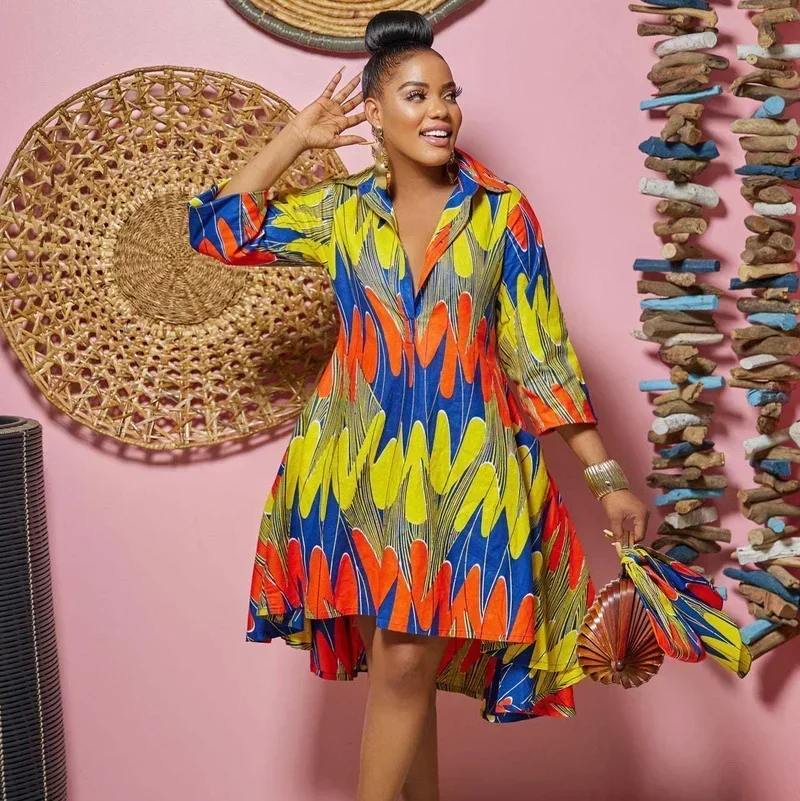 GUWU فستان قميص بأكمام طويلة مطبوع على شكل حرف a فضفاض غير رسمي بحاشية كبيرة أنيق بطول الركبة فستان نسائي ميدي ملابس الخريف