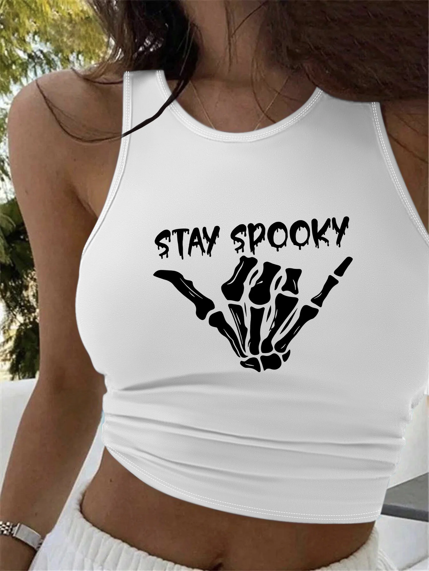 

Cropped Women'S Sleeveless Tank Top Women's Gothic "Stay Spooky" Skeleton Hand Print Stylish Vest Crop Top Tee Casual Shirt