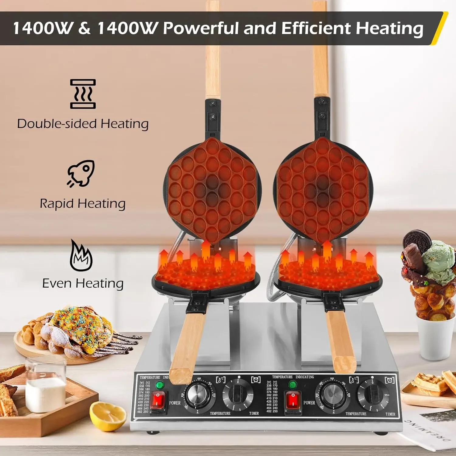 Dyna-Living Commercial Bubble Waffle Maker 1400W&1400W Double-head Egg Puff Waffle Maker Non-stick Hong Kong Egg Waffle