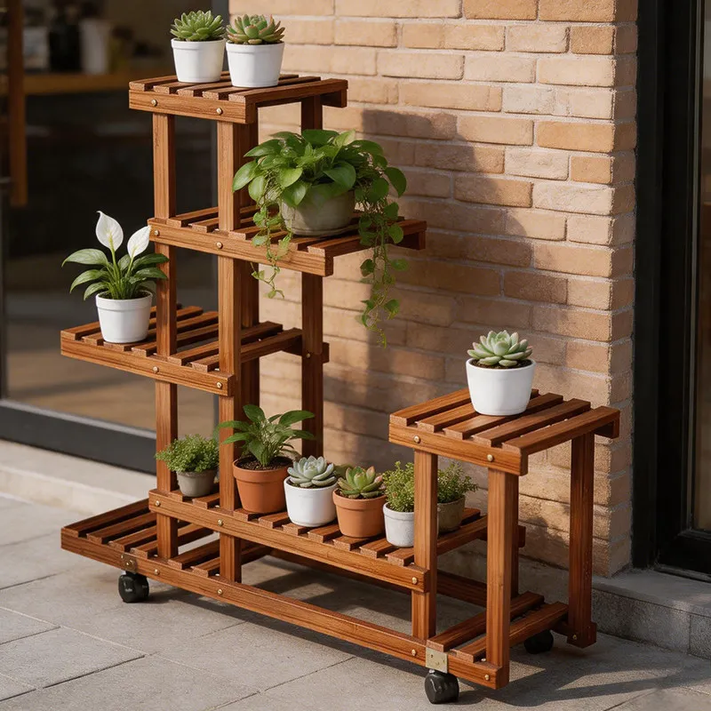 Extra Large Premium Sturdy Solid Wood Multi-Tier Rolling Plant Stand with Baskets, for Succulents, Living Room, and Cat Climbing