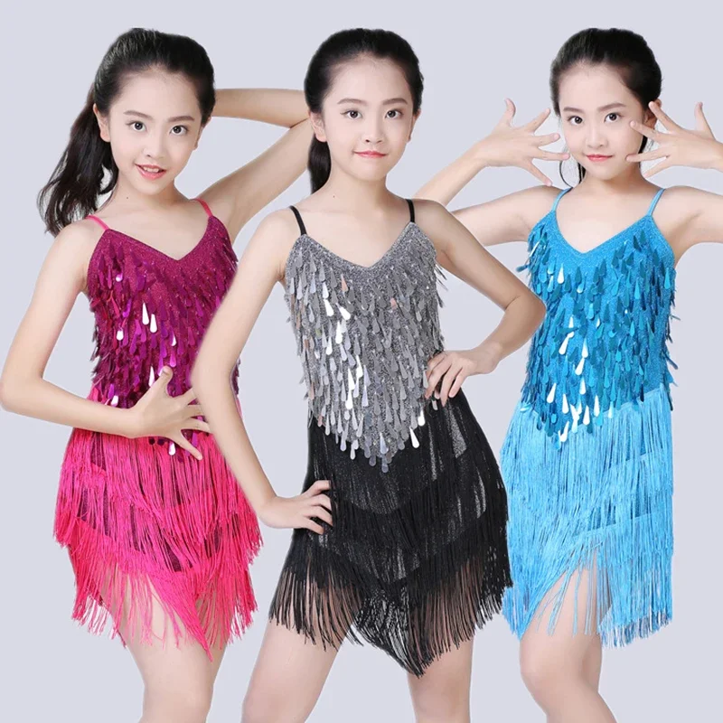 Vestito da ballo latino per bambini Cha Cha Competition abito latino per ragazze paillettes nappe costumi da ballo abiti da spettacolo per bambini