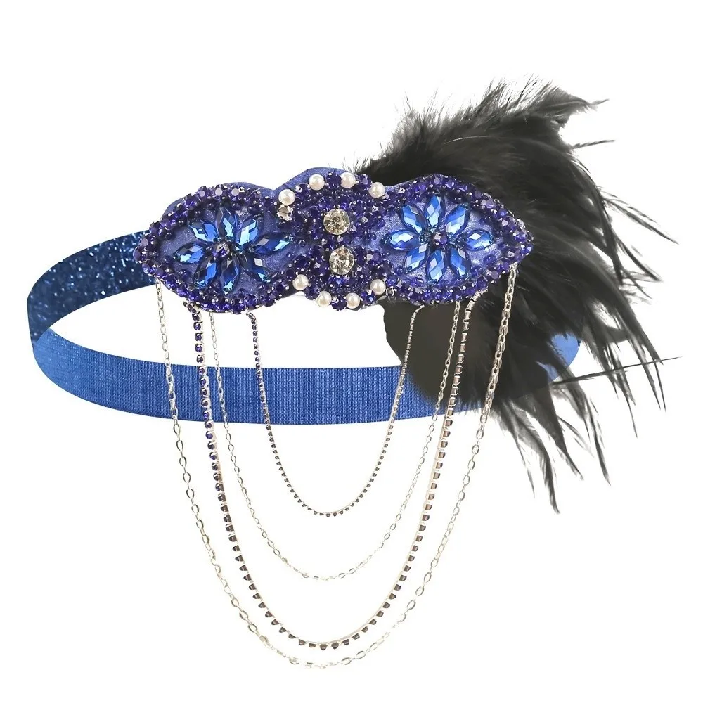 Tassels Feather Hairband Long Chain Beaded Headband Korean Style 20s Rhinestone Hair Band Gatsby Cosplay Dress Headwear