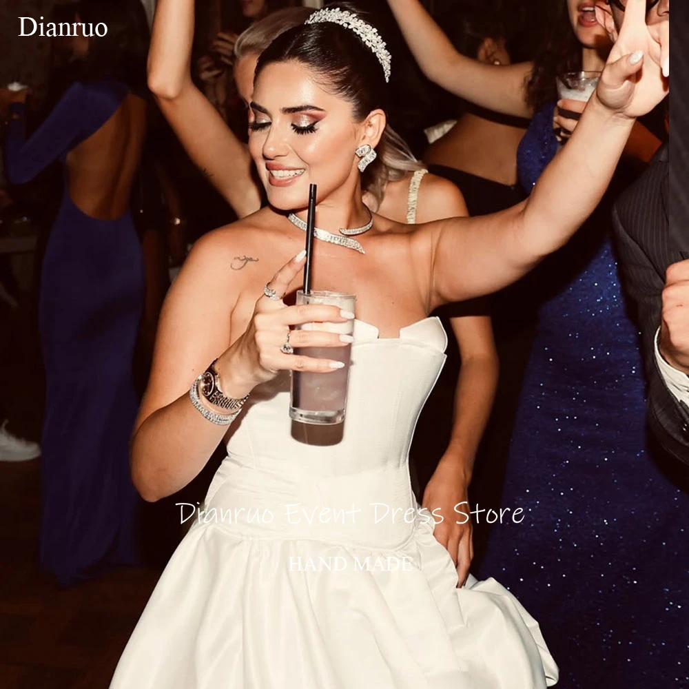 

Dianruo Satin Strapless Prom Dress Mini Graceful Vestidos De 15 Quinceañera A Line Pleated Sleeveless Cocktail Dress Customized