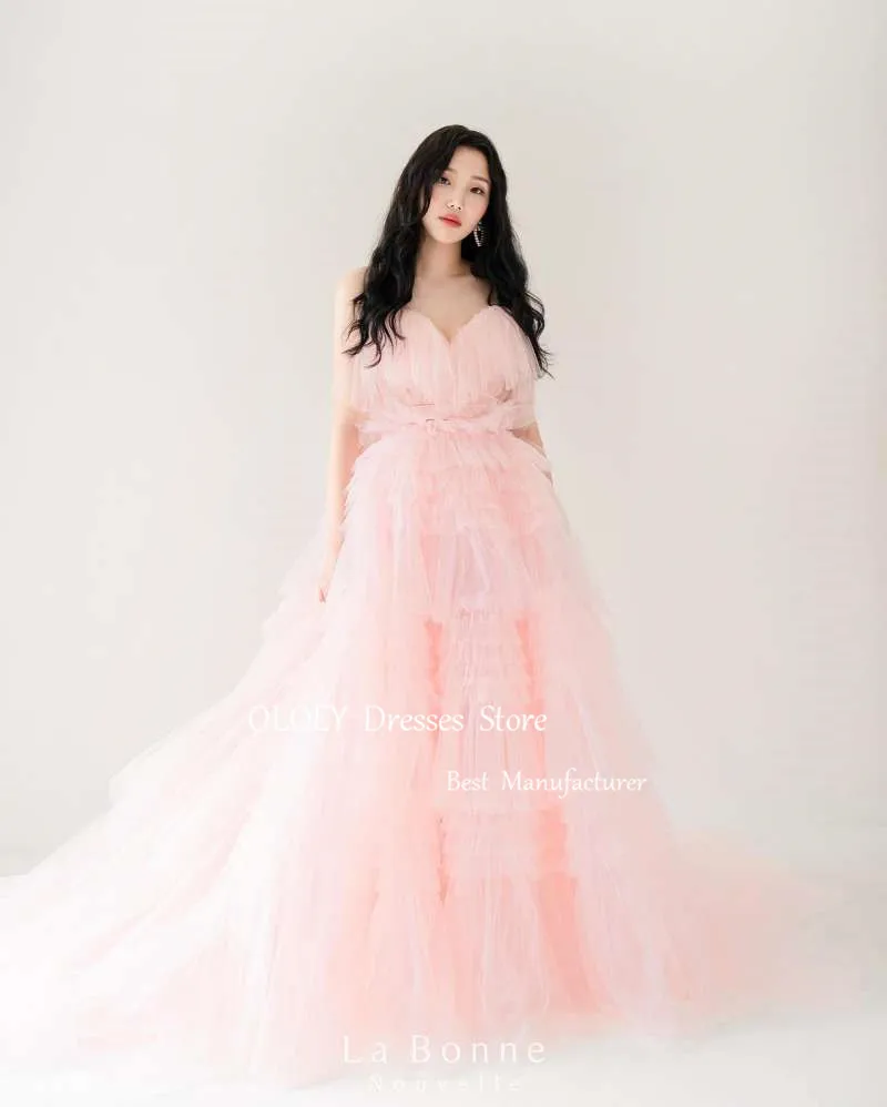 OLOEY Princess Baby Pink Tulle Korea Wedding Dresses Photshoot Ruffles Floor Length Evening Gowns Party Formal Dress