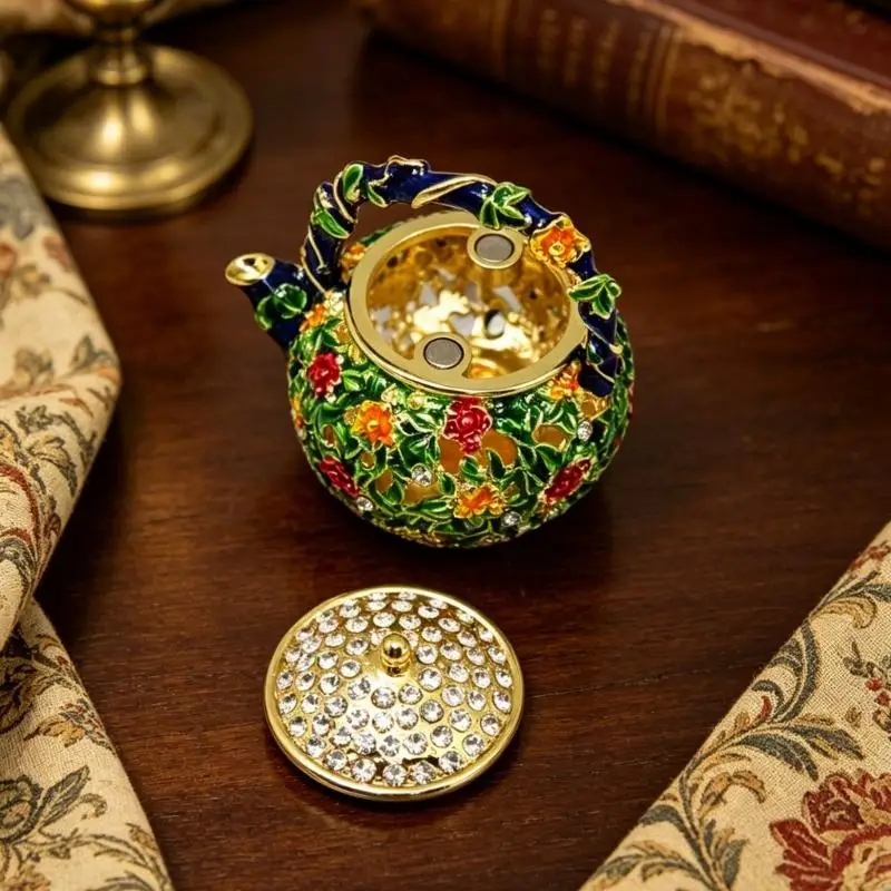 E8BD Delicate Chinese Themed Enameled Jewelry Storage Box Like A Teapot For Home Display