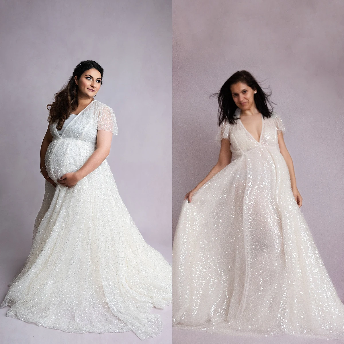 

Ruffle Evening Dresses Women's V-Neck Pregnancy Bathgown Maternity Customized Tulle Sweep Train Robe for Photo Shoot