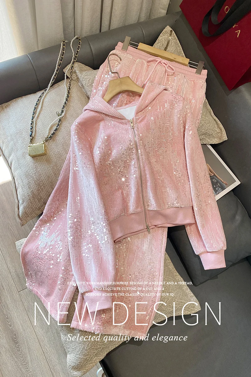 Pink Suit for Women Hooded Sequined Zipper Zip Up Hoodies Female Sweatshirts 2024 Spring New Fashion High Waist Wide Leg Pants