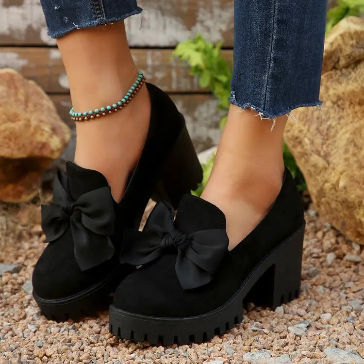 Black Suede Women's Loafers, Round Toe With Bow, Slip-on, Thick High Heel_voghion.com