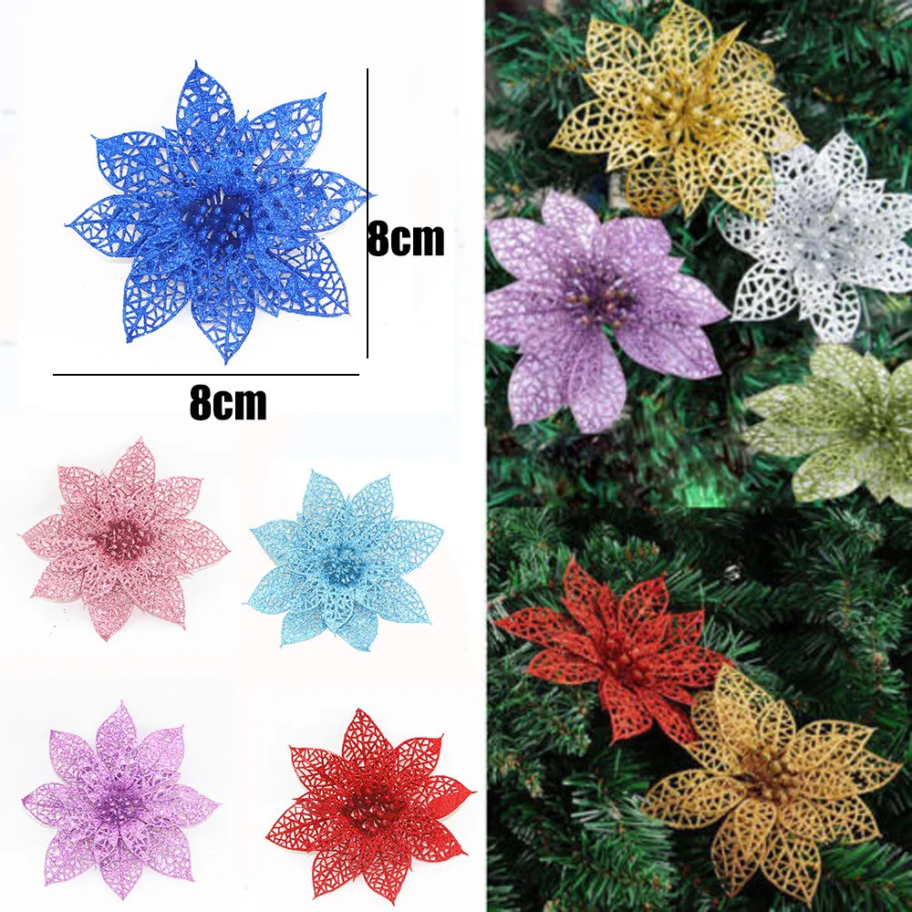 10Pcs/Set Christmas Flowers Trees Xmas Decor Glitter Wed Birthday Party 8cm