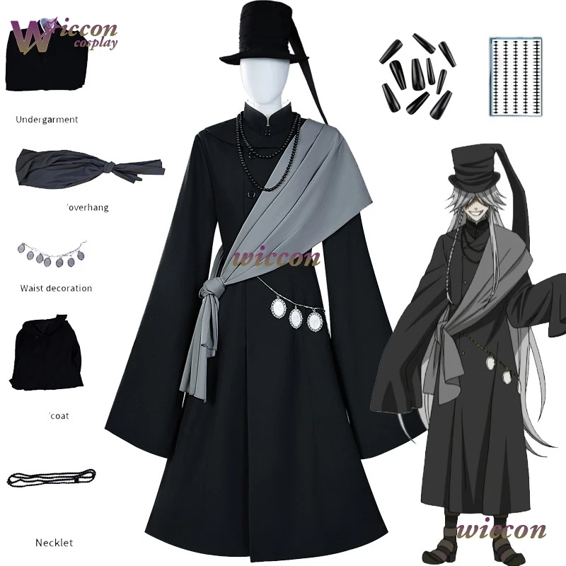 

YesOk Blackr Butler Косплей Гробовщик Under taker Косплей Костюм Парик Мрачный Жнец Униформа Зло Хэллоуин Черный Халат Шляпа
