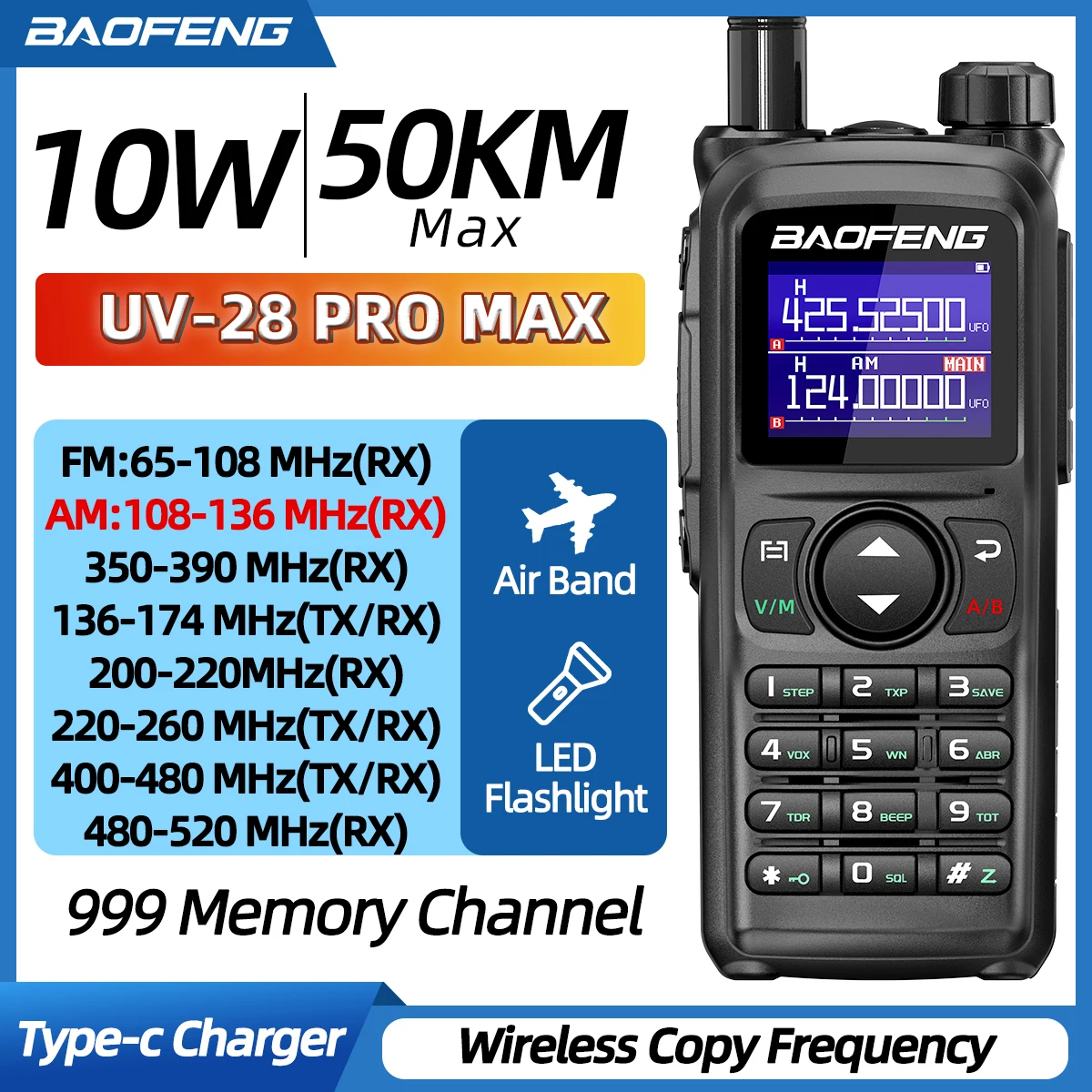 BAOFENG UV-28 PRO MAX Walkie Talkie Multi Band 10W 999CH Type-C Wireless Copy Frequency Long Range for UV-5R Handheld Ham Radio