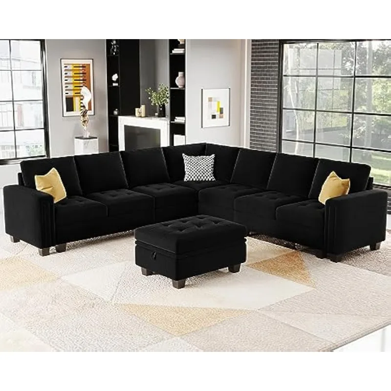 

Convertible Velvet Modular Sectional Sofa Couch with Reversible Chaise L Shaped Sectional Couch with Storage Ottoman Liv