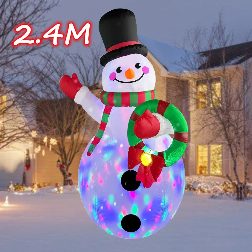 6FT/8FT Christmas Inflatable Snowman Holding Flower Wreath with LED Lights Inflated Model Outdoors Xmas Festival Party Yard Prop