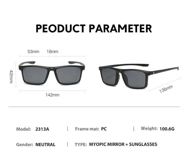 VCKA 6-in-1-Myopie-Brille mit Magnetclip, Sonnenbrille für Herren und Damen, quadratischer Rahmen, verschreibungspflichtig, kurzsichtig, Astigmatismus – 0,5 bis -10 – Detail 6